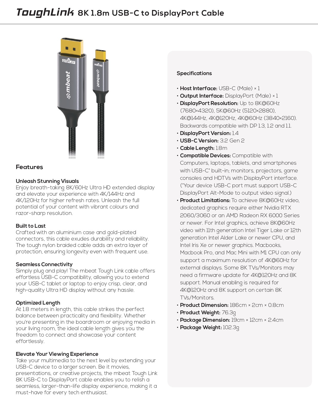 A large marketing image providing additional information about the product mbeat Tough Link 8K USB-C to DisplayPort Cable - 1.8m - Additional alt info not provided